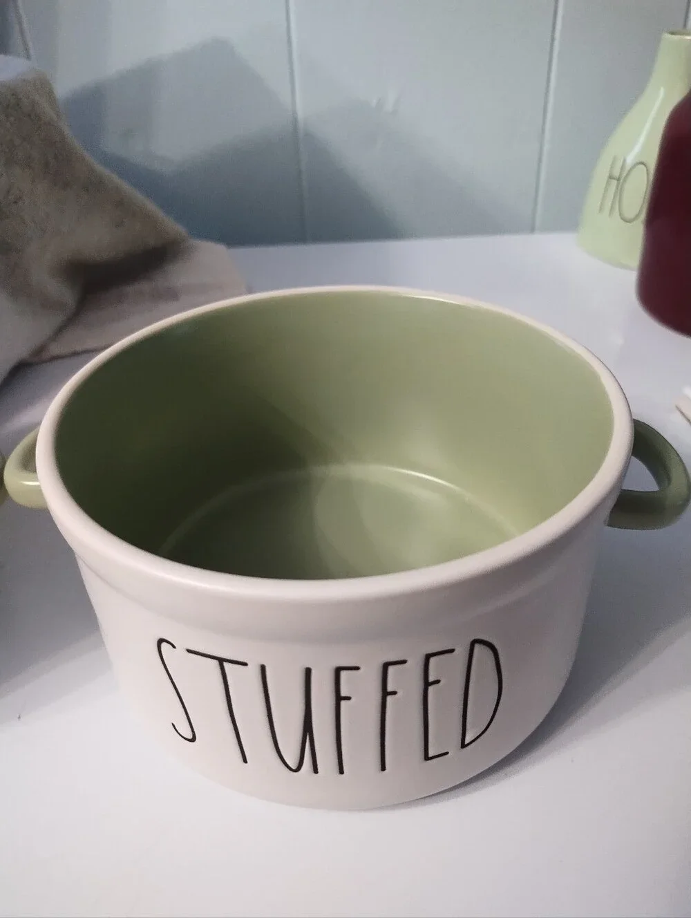 New Rae Dunn 'STUFFED' Ceramic Souffle Baking Dishes with Green Interior